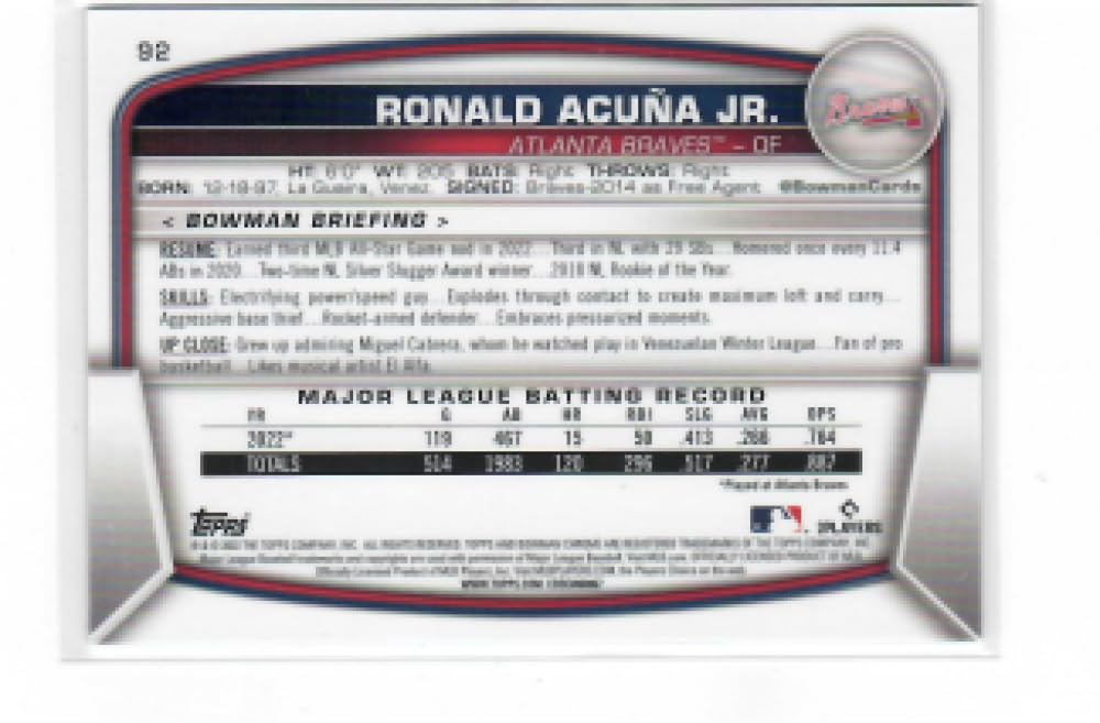 2023 Bowman Chrome Mega Box Mojo Refractor Aqua #92 Ronald Acuna Jr. /225 Atlanta Braves Baseball NM-MT K922