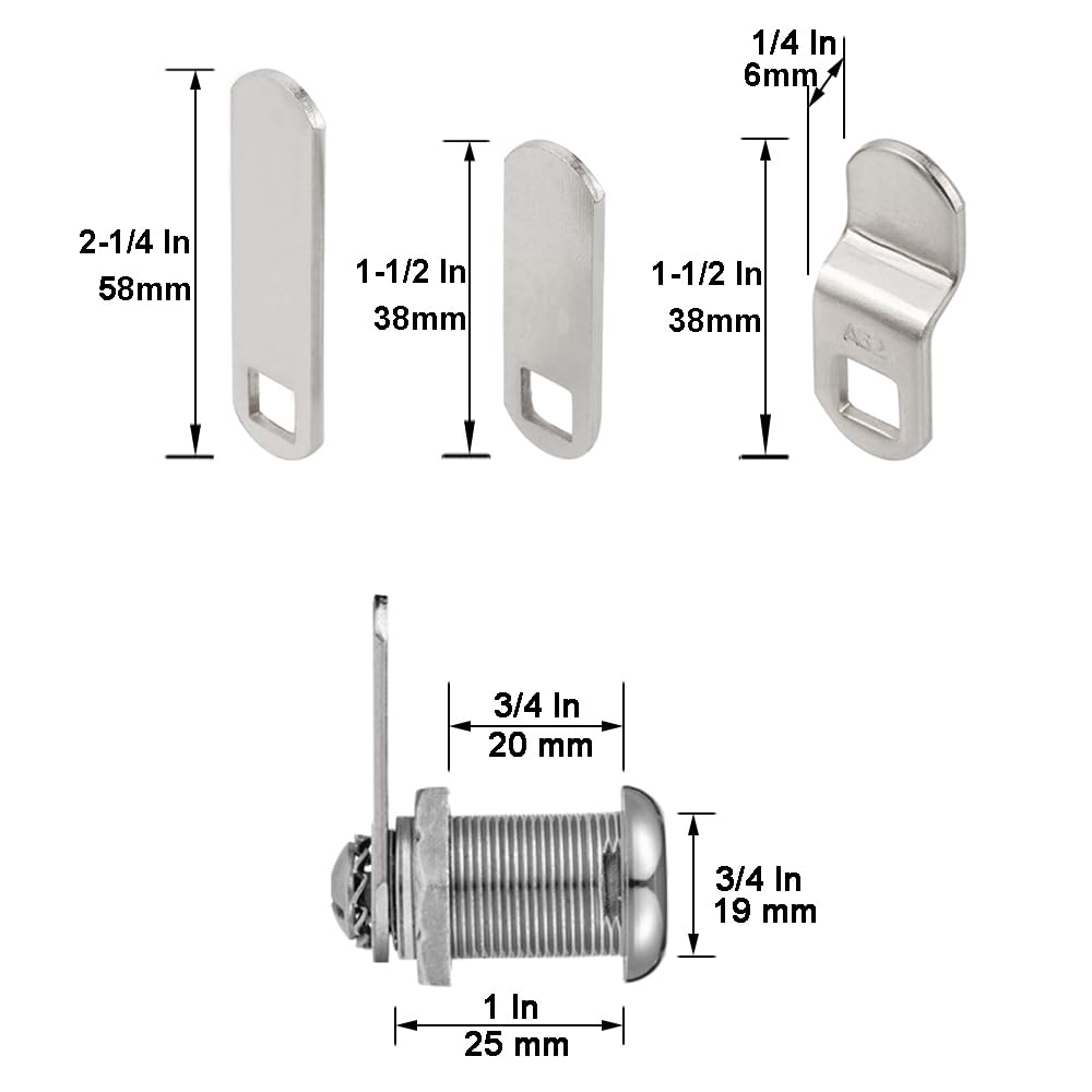 Keyed Alike 1” Cylinder Cam Locks Chrome Finish with 3 Cams and 2 Keys R8658
