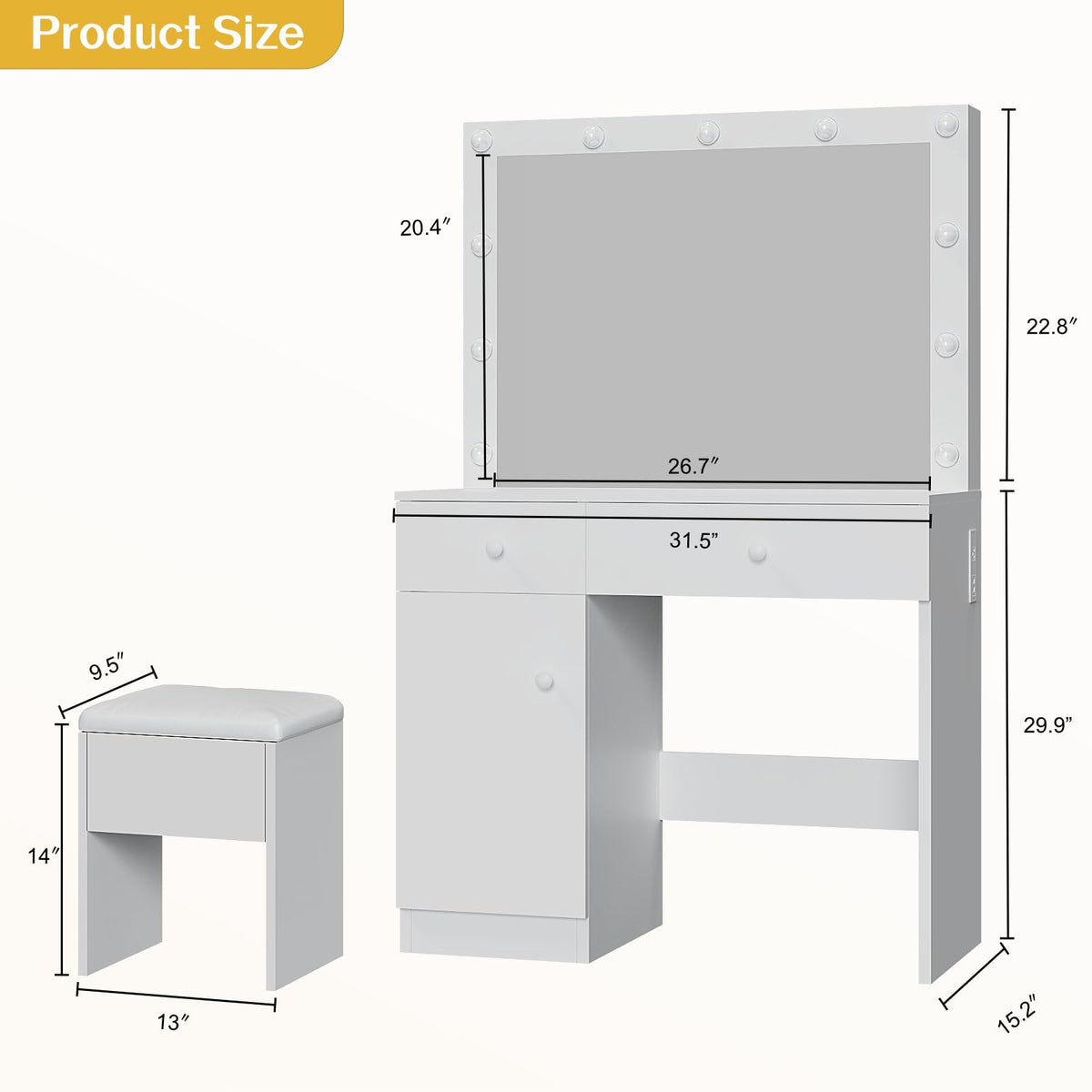 White Makeup Vanity Desk with Lighted Mirror and Chair Set S92776
