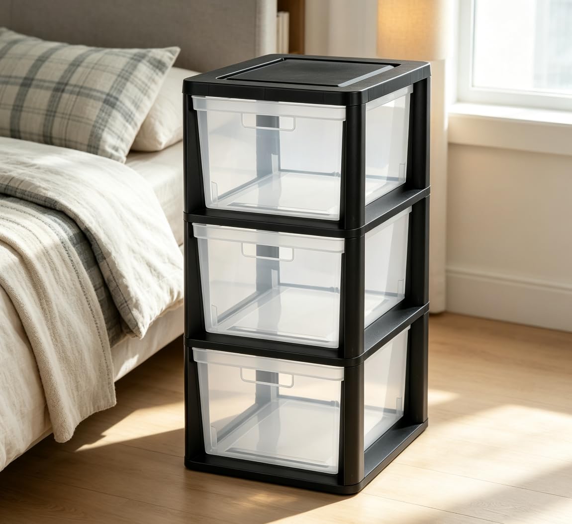 Black 3-Tier Plastic Storage Drawer Tower M891