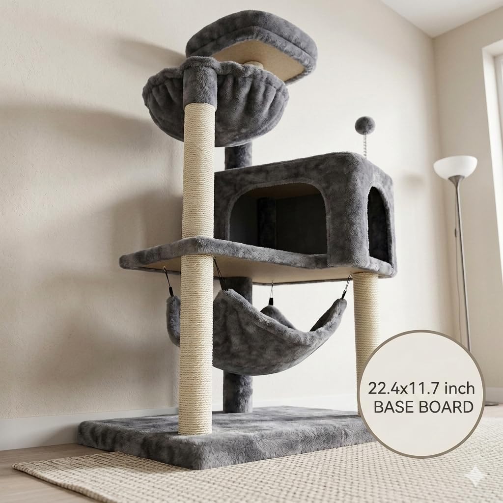 Grey Cat Tree with Cat Condo and Hammock W5753