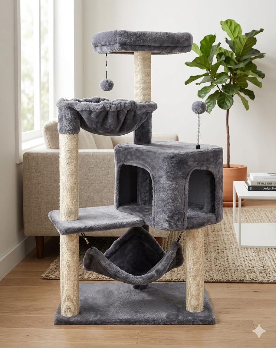 Grey Cat Tree with Cat Condo and Hammock W5753