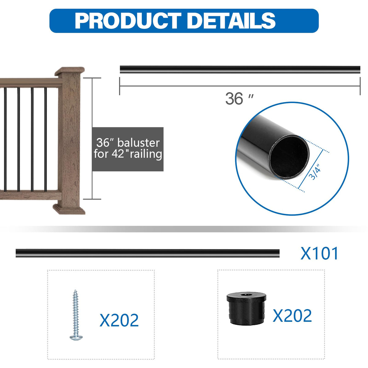 101 Pack 36" Round Black Aluminum Deck Balusters C7779