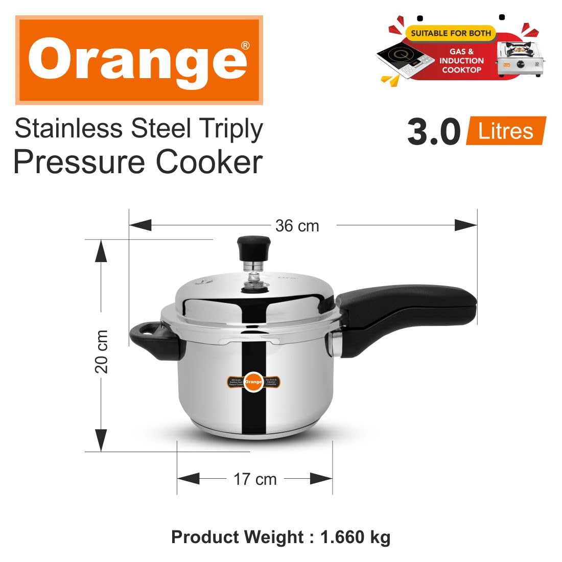 Orange Triply Stainless Steel Pressure Cooker Combo Set 2&3 Litre 2 Pc A9973