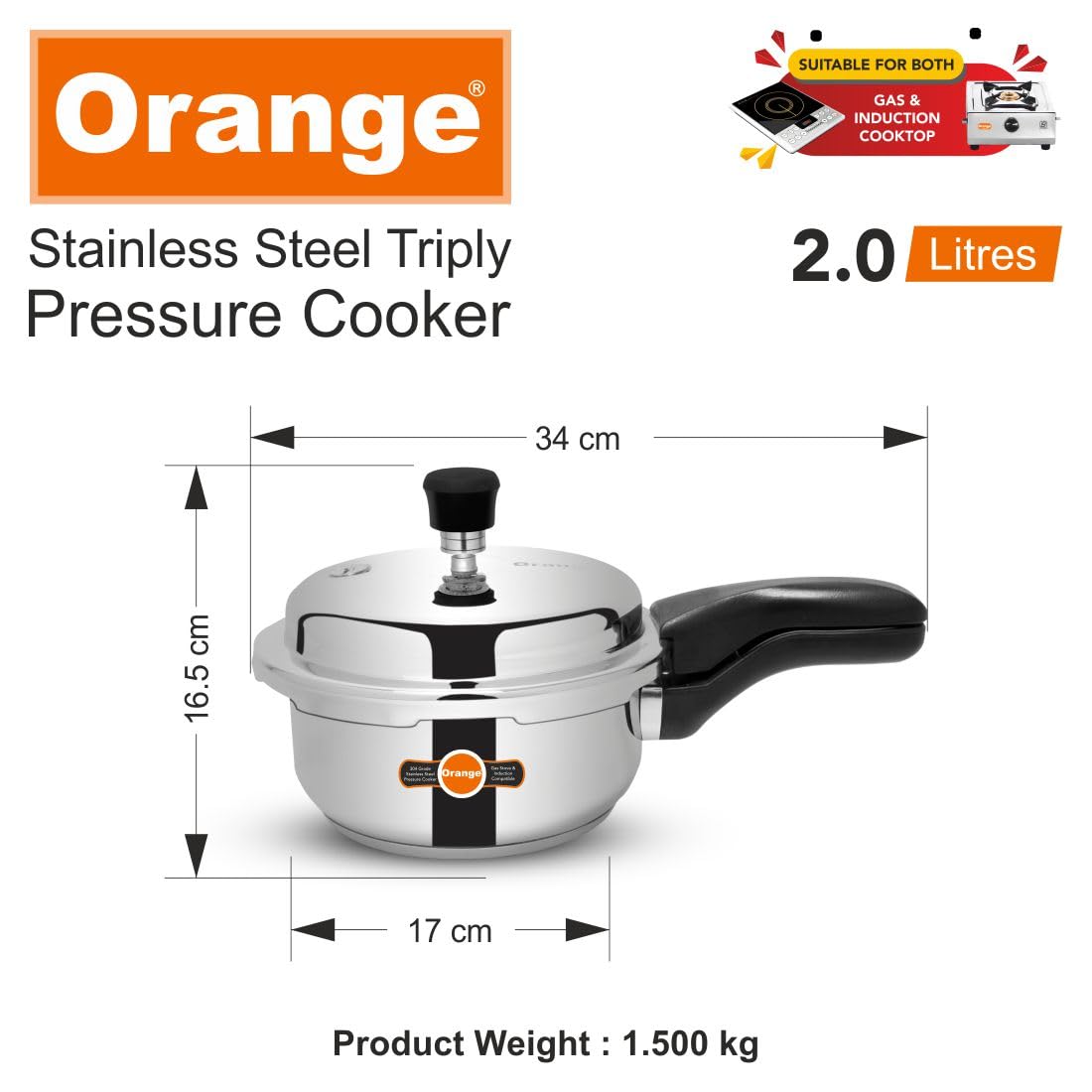 Orange Triply Stainless Steel Pressure Cooker Combo Set 2&3 Litre 2 Pc A9973