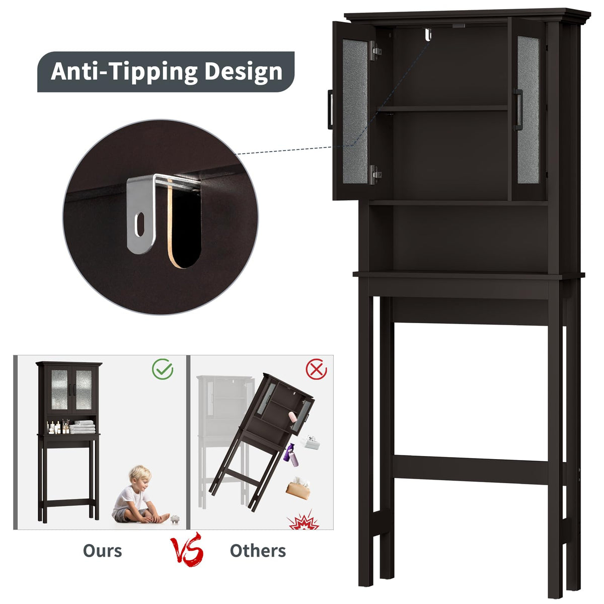 Over Toilet Storage Cabinet with Glass Doors and Adjustable Shelf N7517
