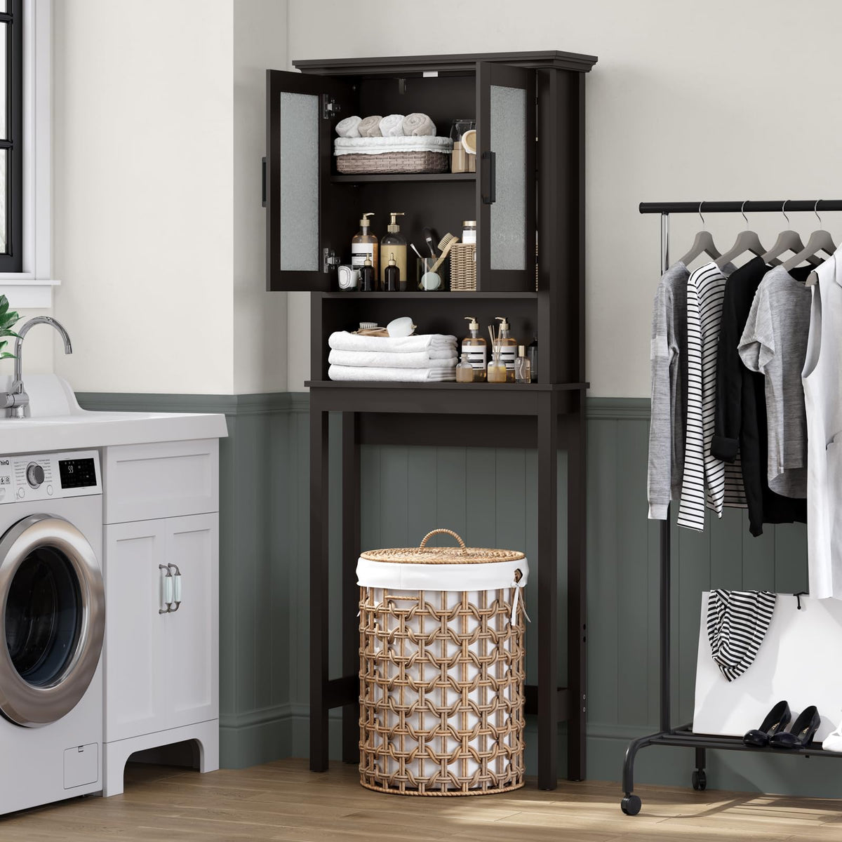Over Toilet Storage Cabinet with Glass Doors and Adjustable Shelf N7517