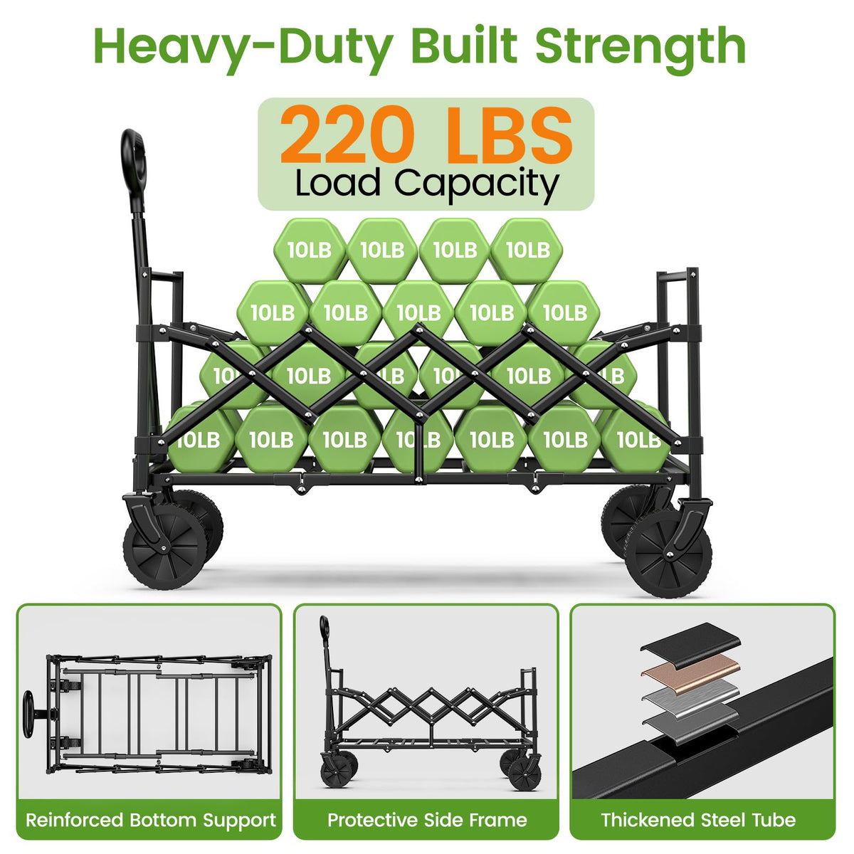 35" Extra Long Folding Wagon with Adjustable Handle & Wheels, Black L383