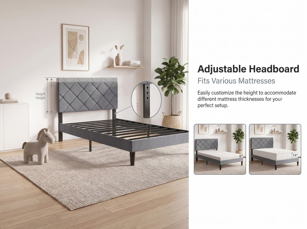 Twin Size Velvet Upholstered Platform Bed Frame with Adjustable Headboard Q9099