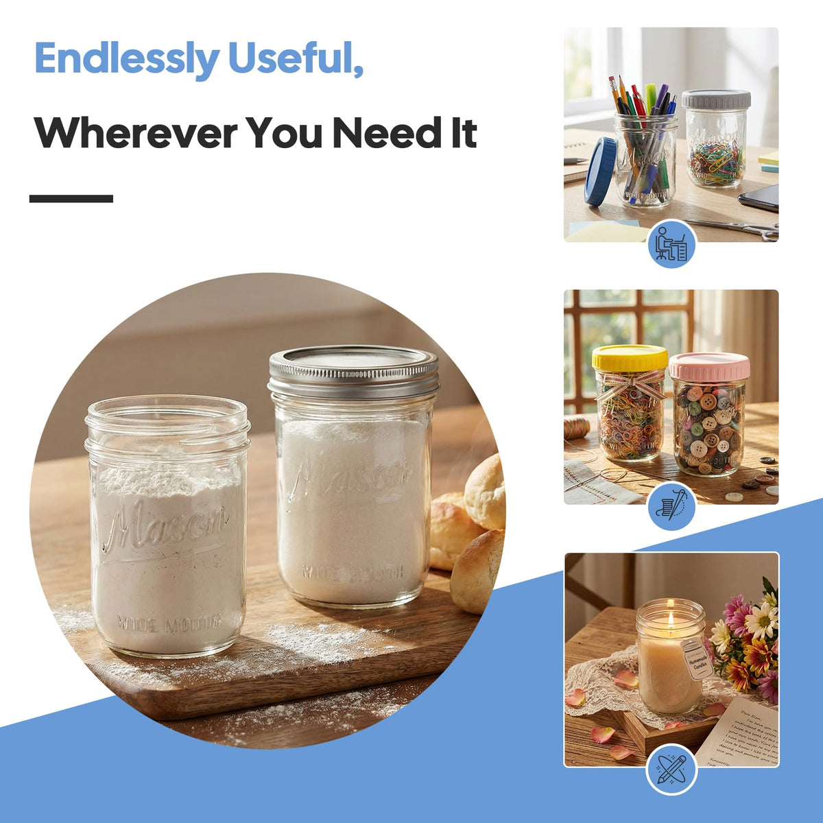16oz 6-Pack Wide Mouth Glass Mason Jars with Airtight Lids V1386