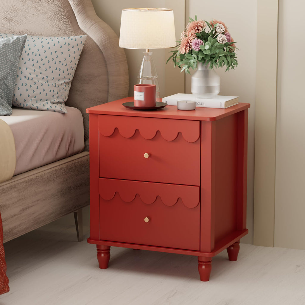 Red 2 Drawer Nightstand with Solid Wood Legs H491