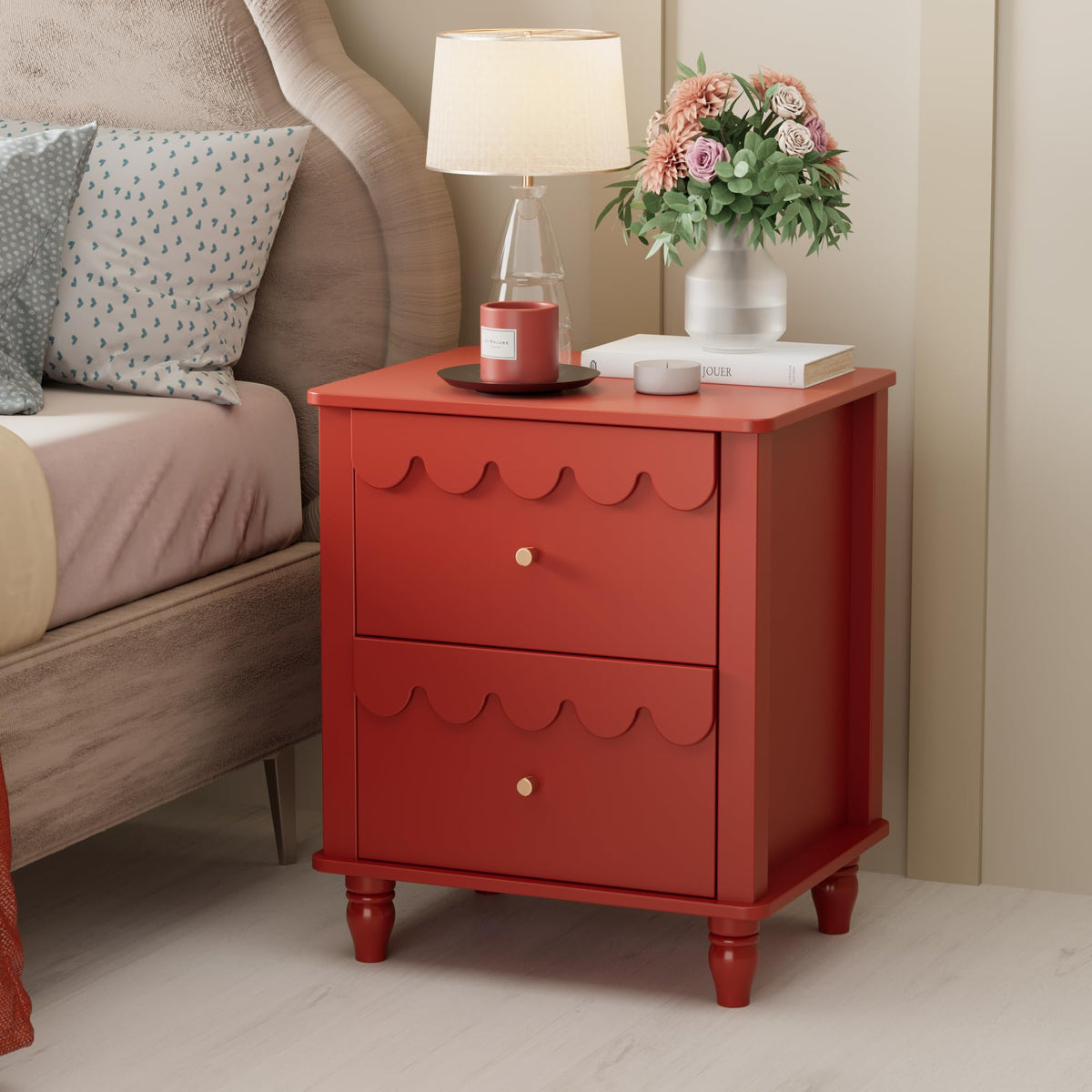 Red 2 Drawer Nightstand with Solid Wood Legs H491