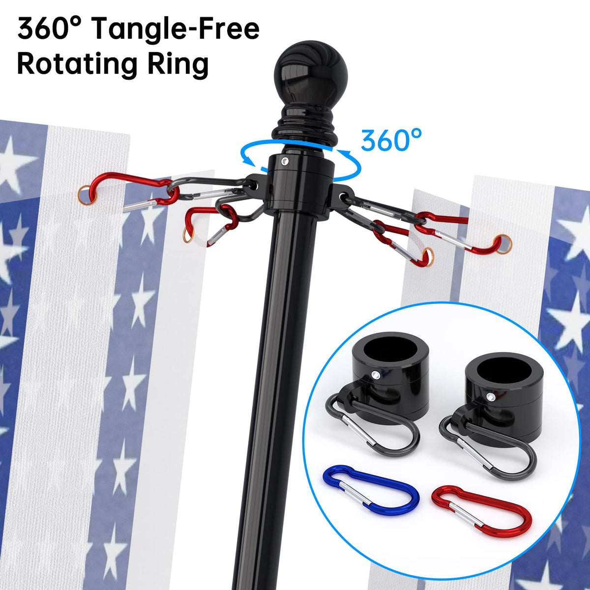 2 Pack 6FT Black Stainless Steel Flag Pole Kit with Solar Light O9505