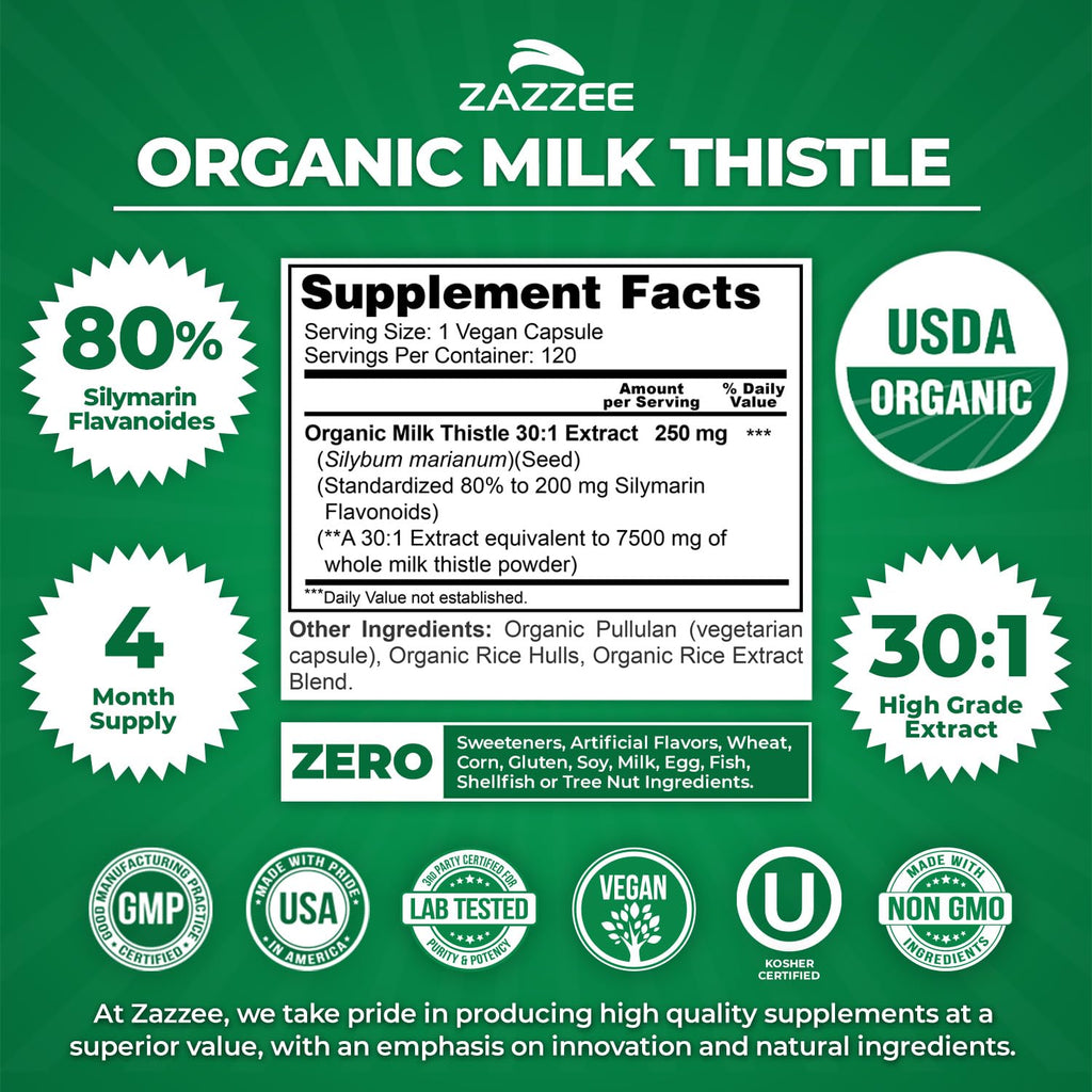Organic Milk Thistle 30:1 Extract 120 Capsules F984