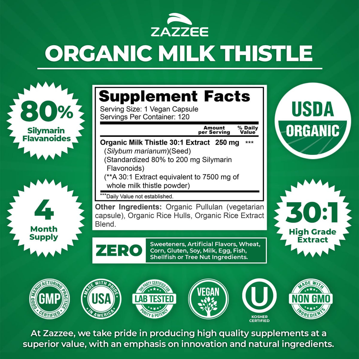 Organic Milk Thistle 30:1 Extract 120 Capsules F984
