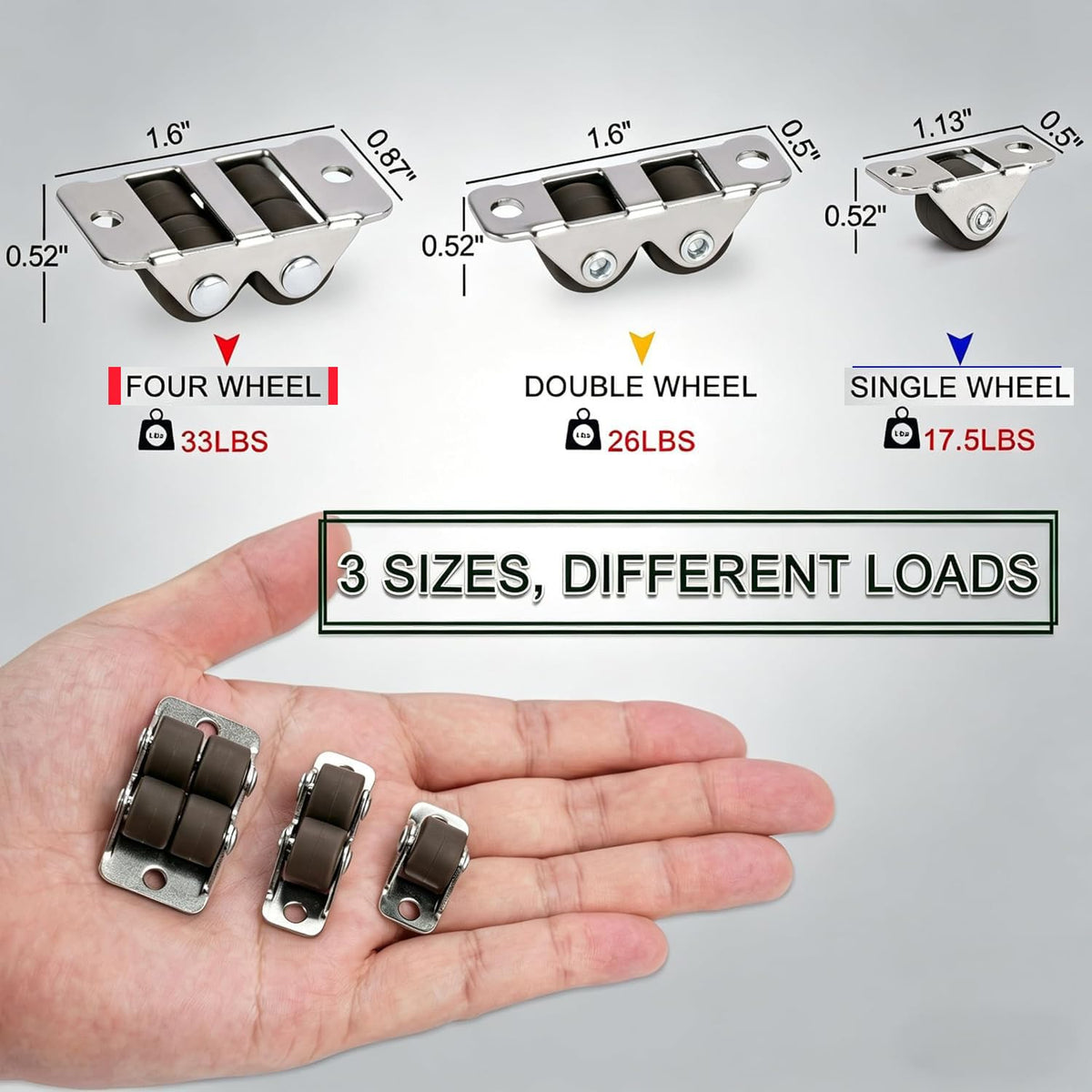 0.5" Dual-Wheel Mini Caster Wheels, 8-Pack D146