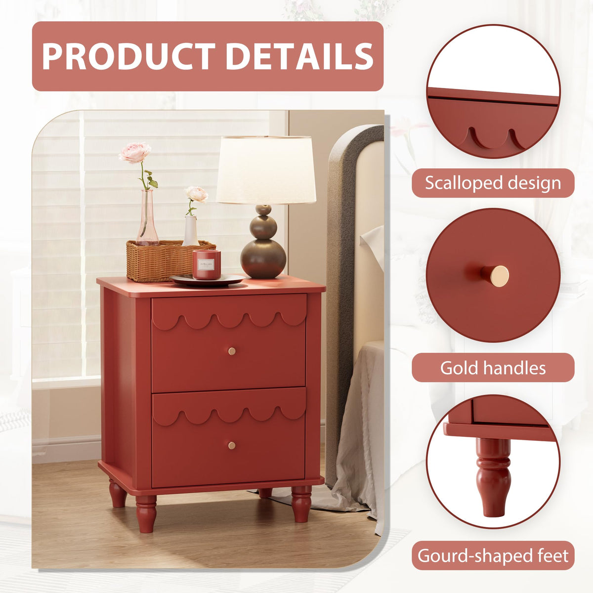 Red 2 Drawer Nightstand with Solid Wood Legs H491