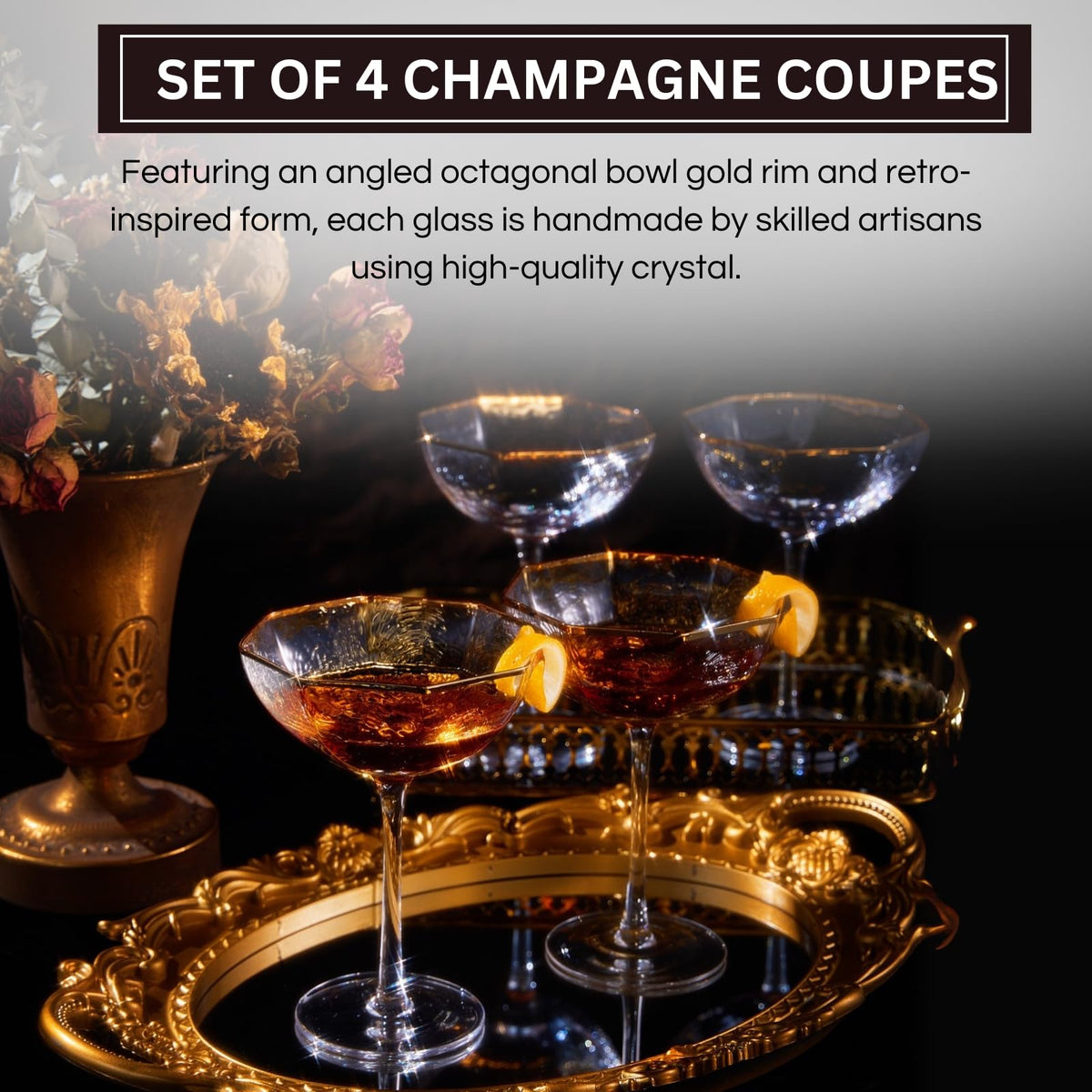 Champagne Coupe Glasses Set of 4 Gold Rim Z2415