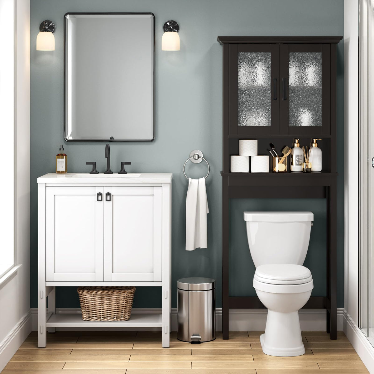 Over Toilet Storage Cabinet with Glass Doors and Adjustable Shelf N7517