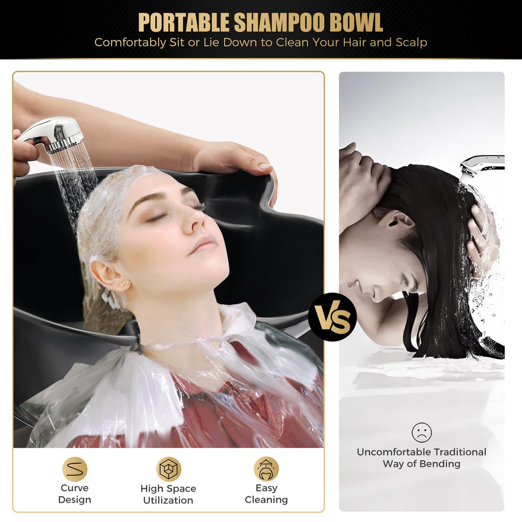 Portable Shampoo Bowl with Dual Buckets, Adjustable Height, Electric Pump, Foot Pedal Control, Black K159900