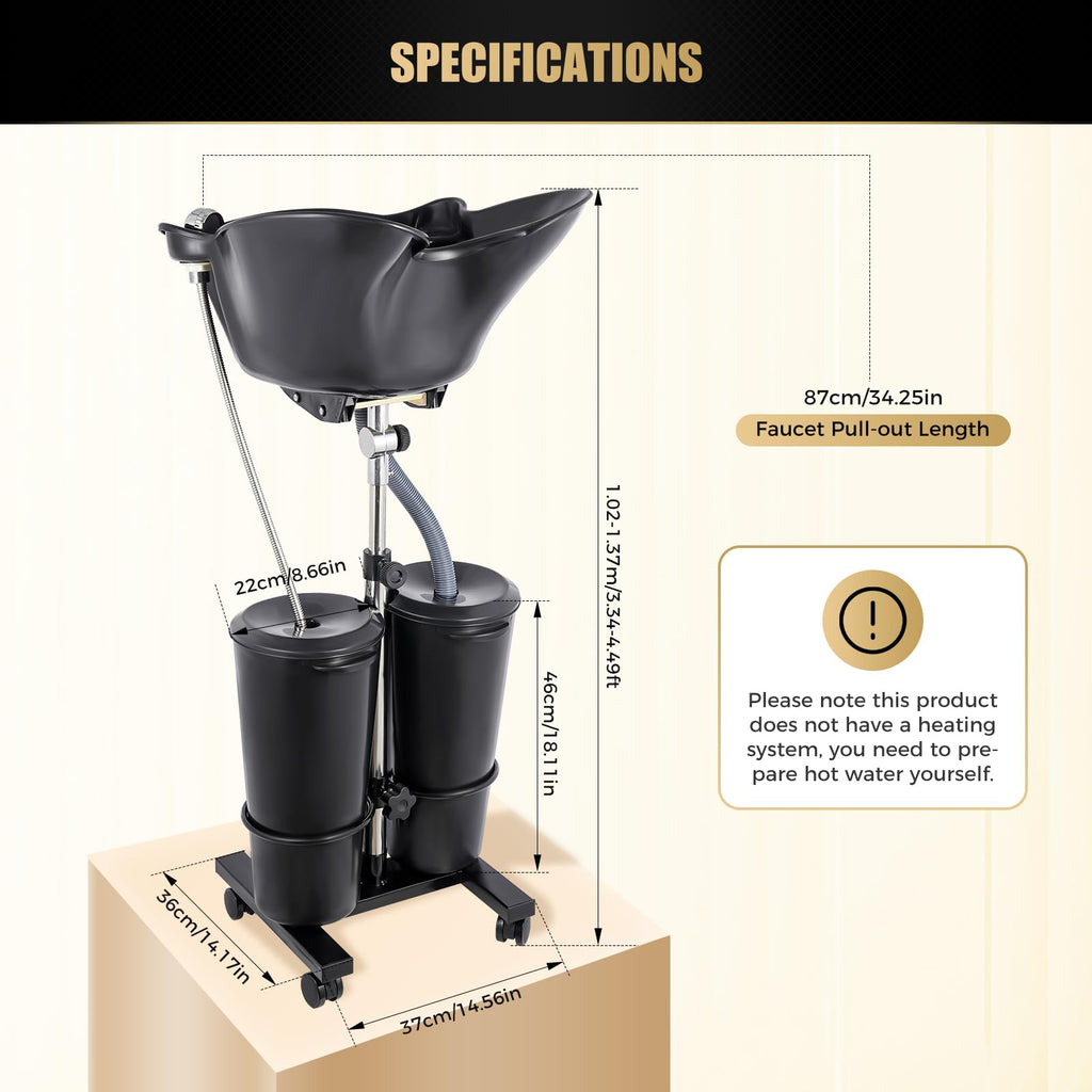 Portable Shampoo Bowl with Dual Buckets, Adjustable Height, Electric Pump, Foot Pedal Control, Black K159900