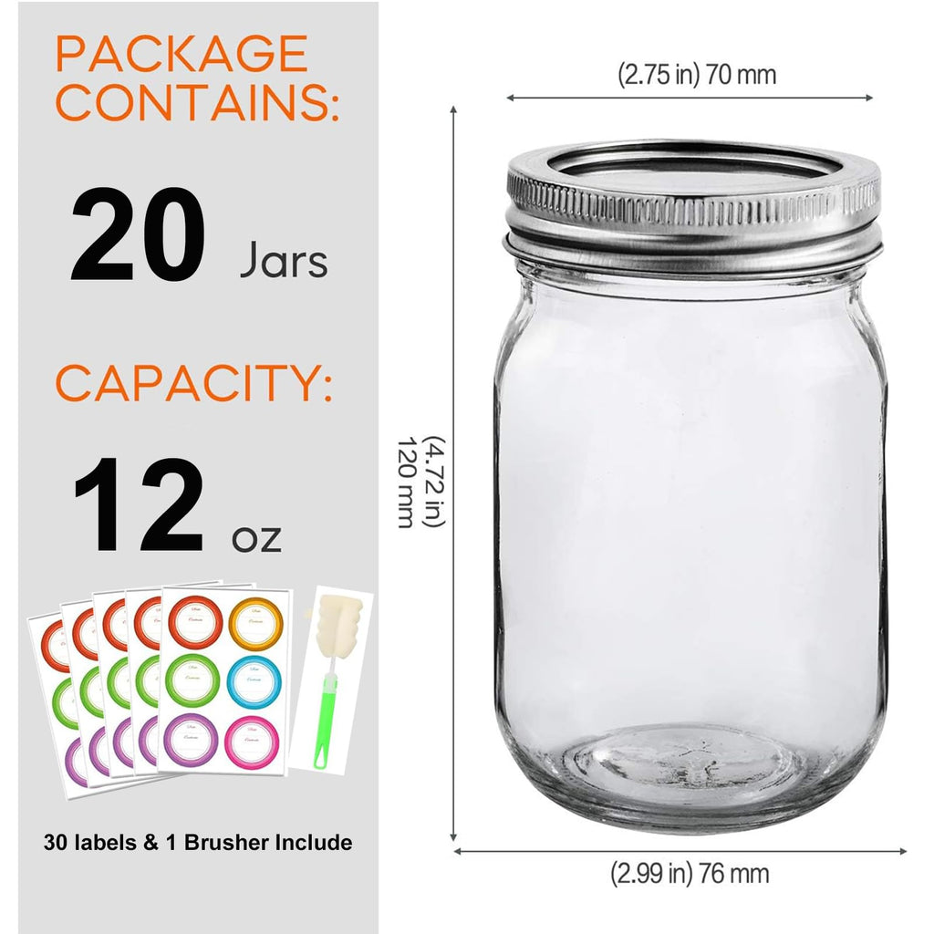 20 Pack 12oz Glass Mason Jars with Lids and Bands W8652