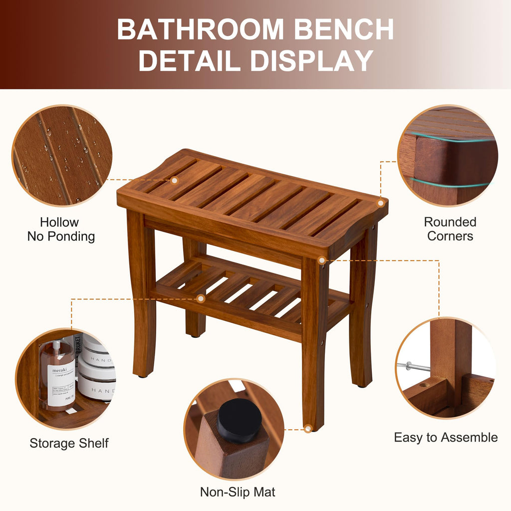 Teak Shower Bench Stool with Storage Shelf X46894
