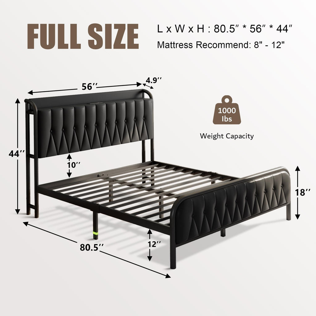 Black Full Size Platform Bed Frame with Faux Leather Upholstered Storage Headboard Q165