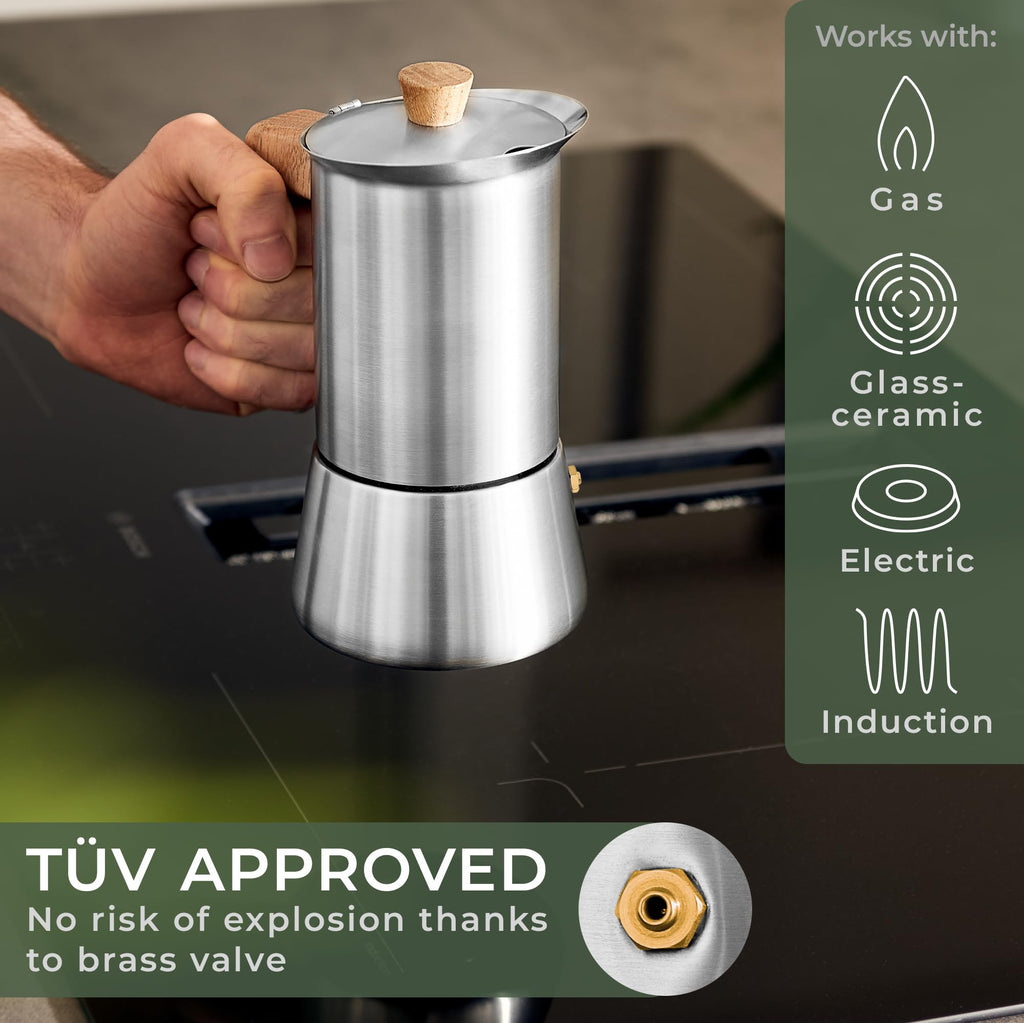 Stainless Steel Moka Pot 10oz Oak Wood Handle Stovetop Espresso Maker I57341
