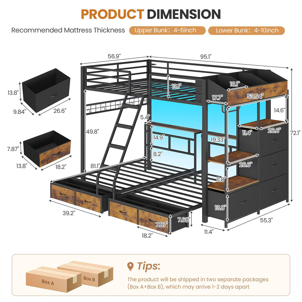 Black Triple Bunk Bed with 8 Storage Drawers and Stair F198066