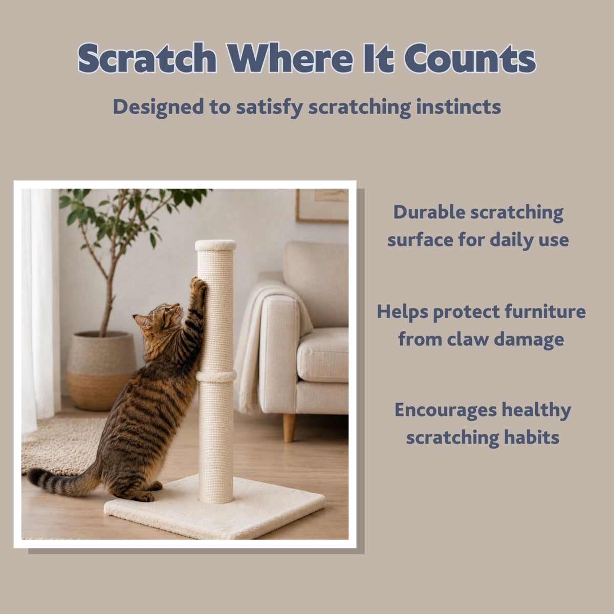 Beige Jute Cat Scratching Post M21415