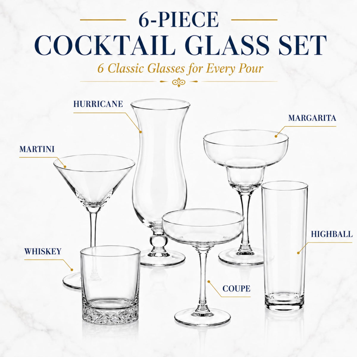 6 Set Cocktail Glasses Mixed Drinkware M6960