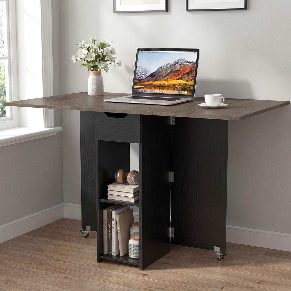 Drop Leaf Dining Table with Open Shelves & Drawer K798