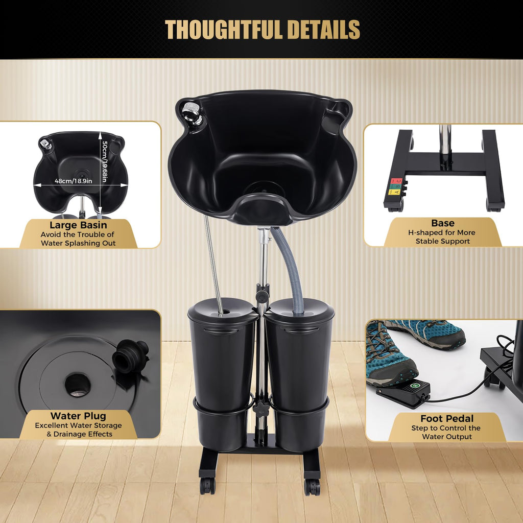 Portable Shampoo Bowl with Dual Buckets, Adjustable Height, Electric Pump, Foot Pedal Control, Black K159900