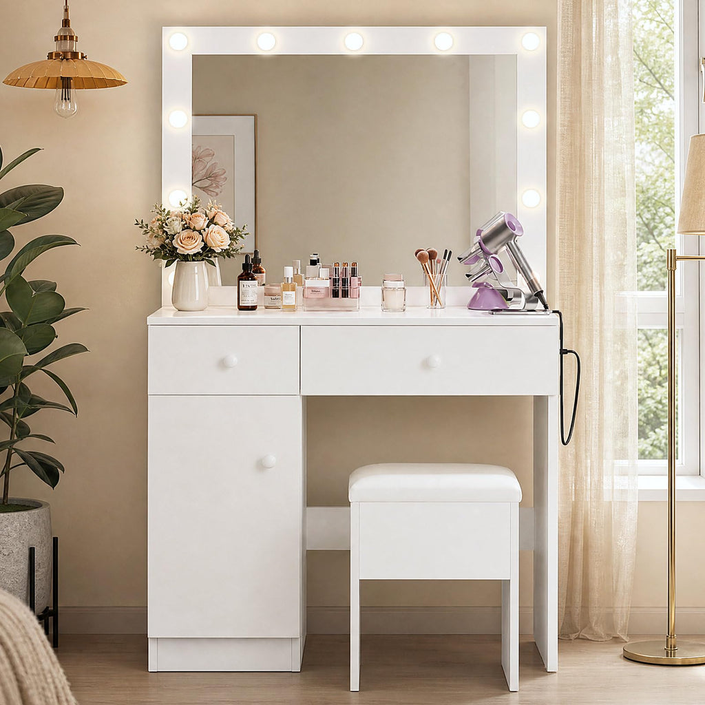 White Makeup Vanity Desk with Lighted Mirror and Chair Set S92776