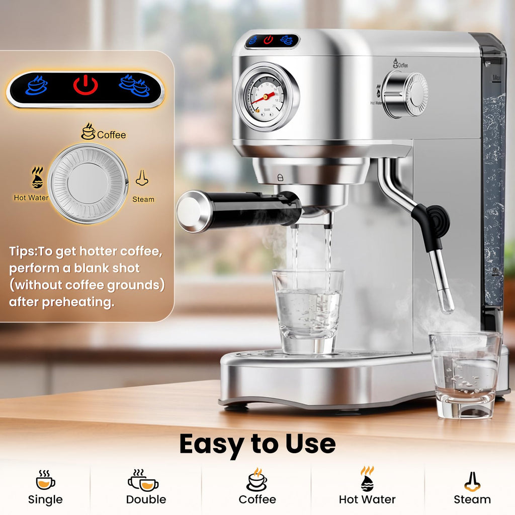 20 Bar Compact Stainless Steel Espresso Machine with Milk Frother D261
