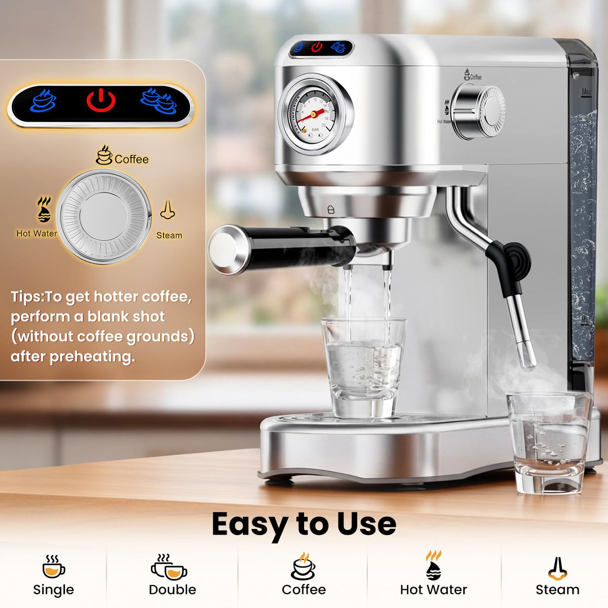 20 Bar Compact Stainless Steel Espresso Machine with Milk Frother D261