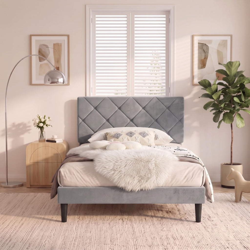 Twin Size Velvet Upholstered Platform Bed Frame with Adjustable Headboard Q9099