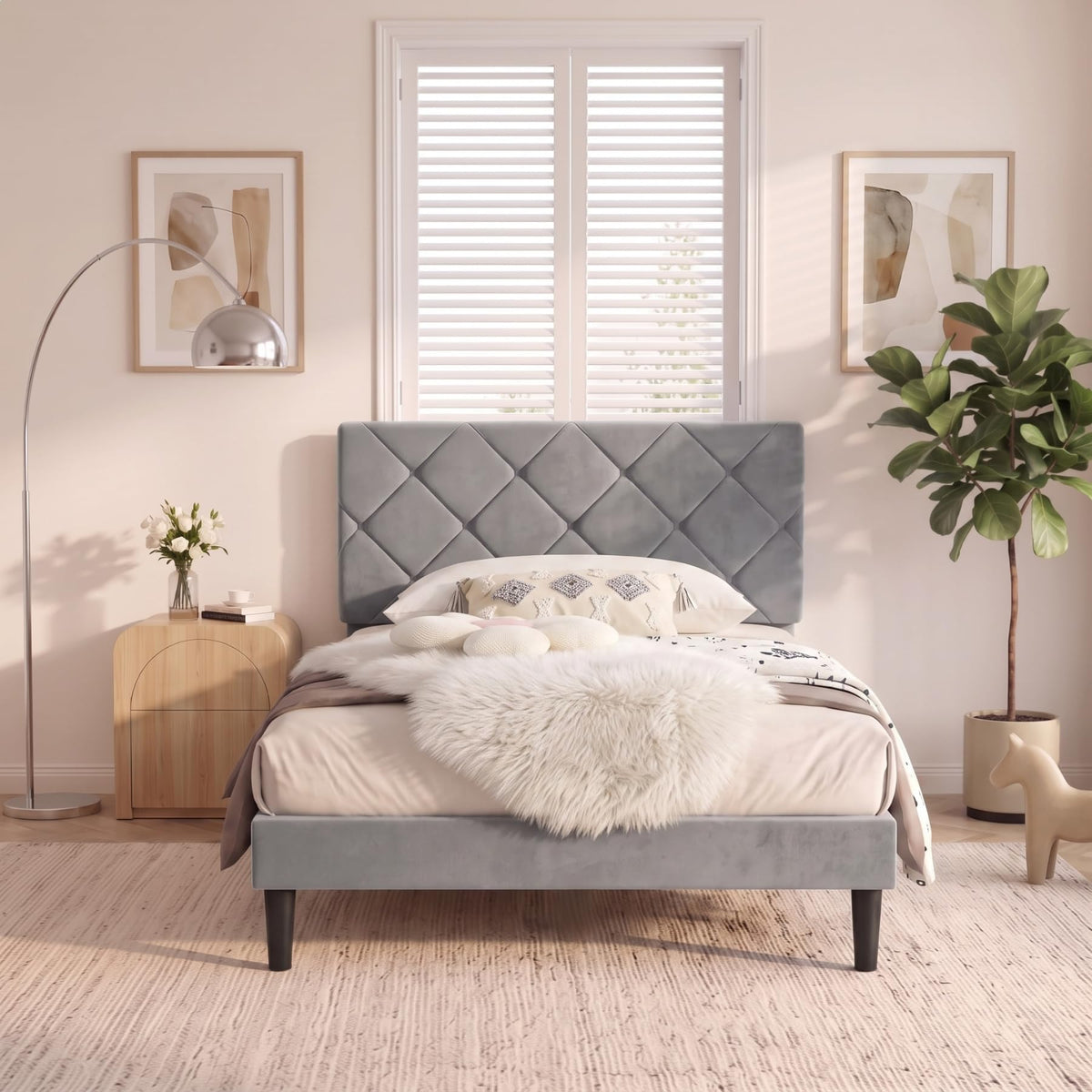 Twin Size Velvet Upholstered Platform Bed Frame with Adjustable Headboard Q9099