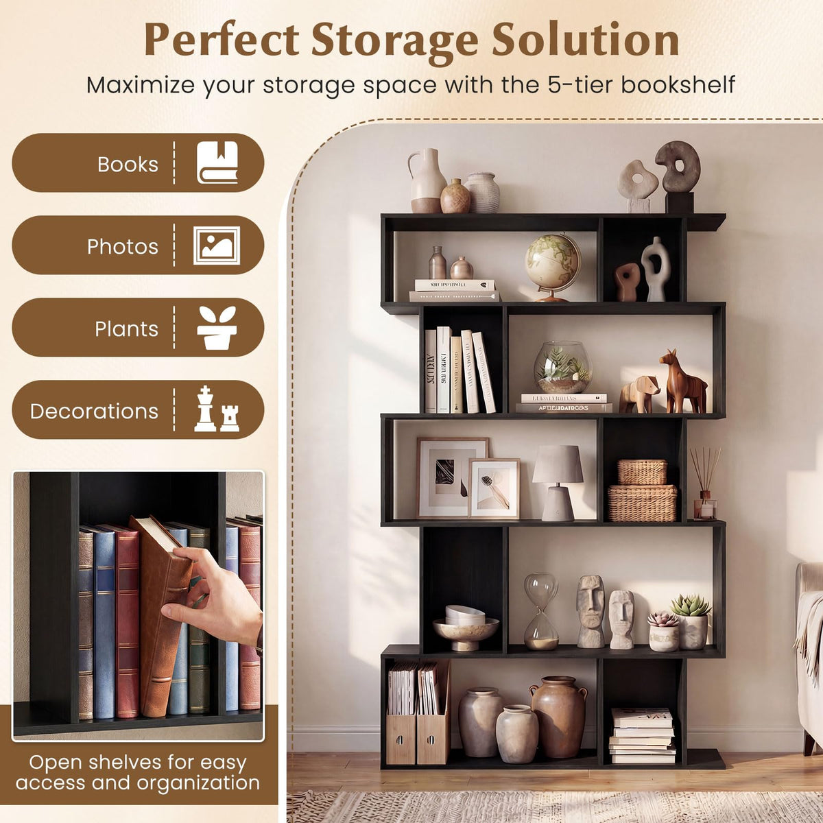 5-Tier 10-Cube Black Bookshelf A37285