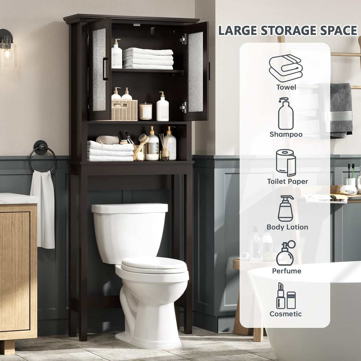 Over Toilet Storage Cabinet with Glass Doors and Adjustable Shelf N7517