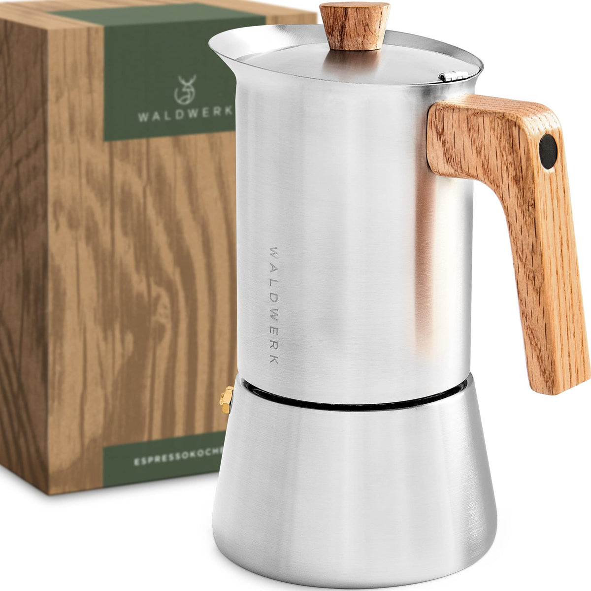 Stainless Steel Moka Pot 10oz Oak Wood Handle Stovetop Espresso Maker I57341