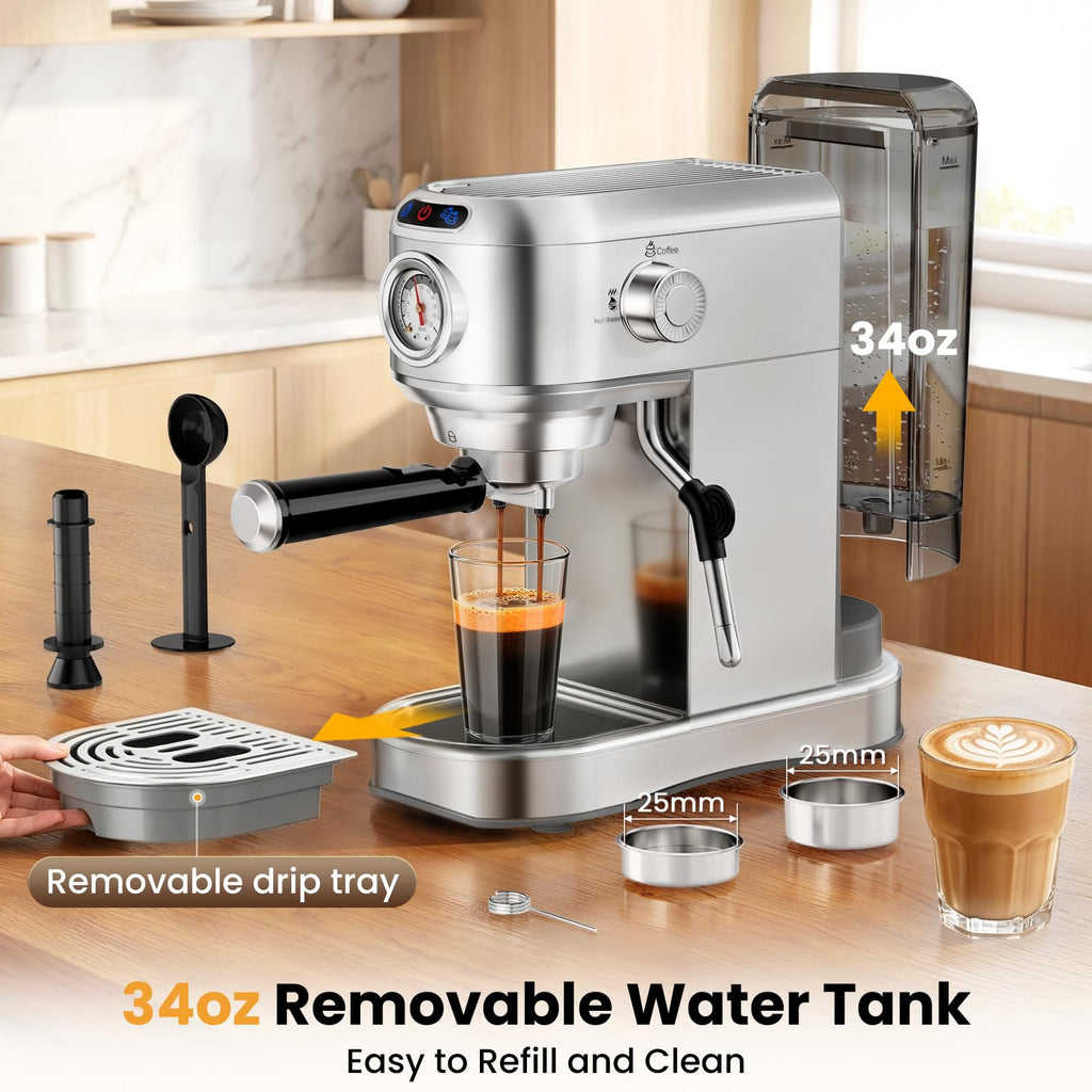 20 Bar Compact Stainless Steel Espresso Machine with Milk Frother D261