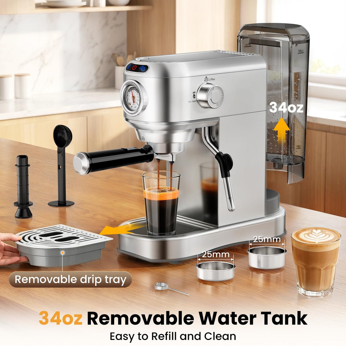 20 Bar Compact Stainless Steel Espresso Machine with Milk Frother D261