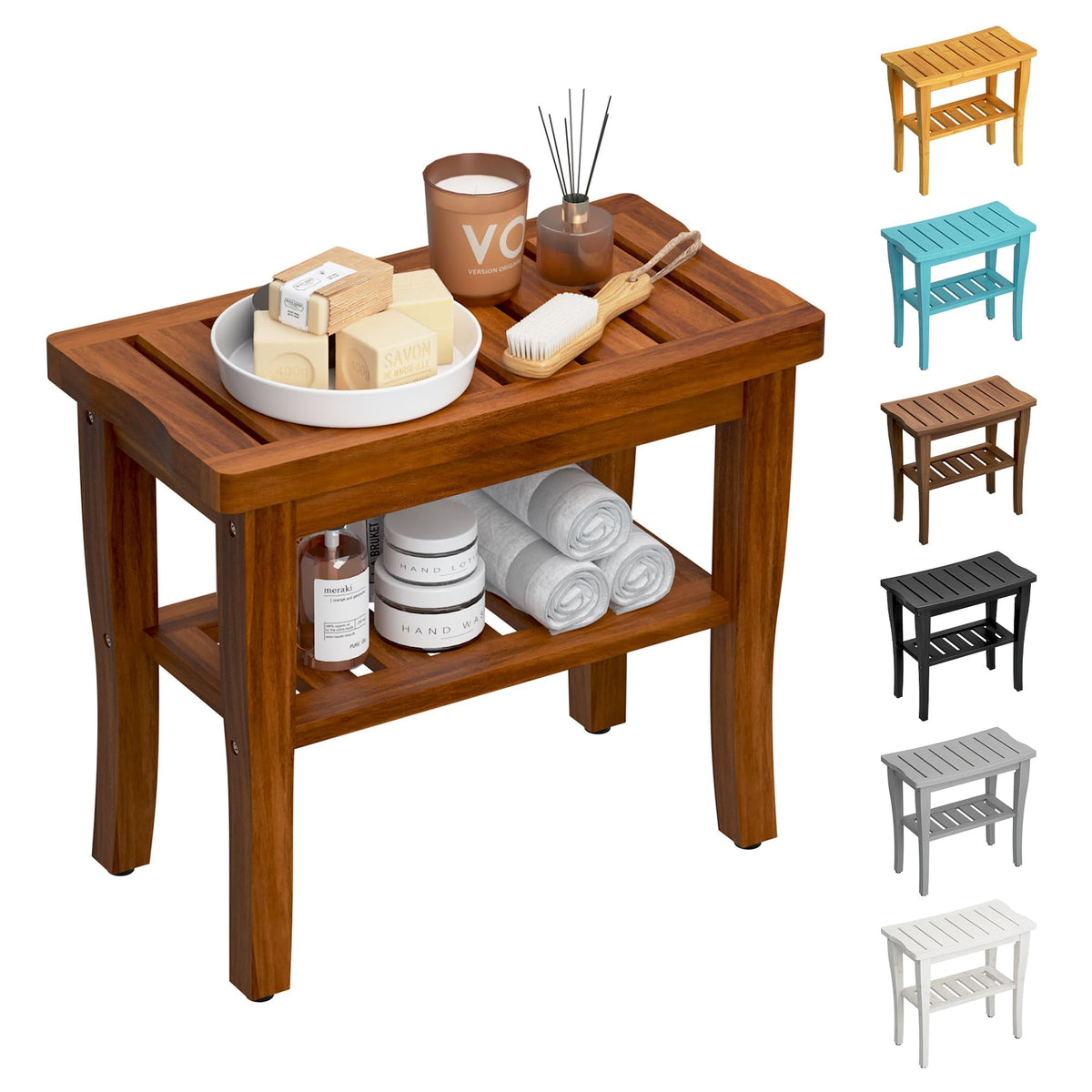 Teak Shower Bench Stool with Storage Shelf X46894
