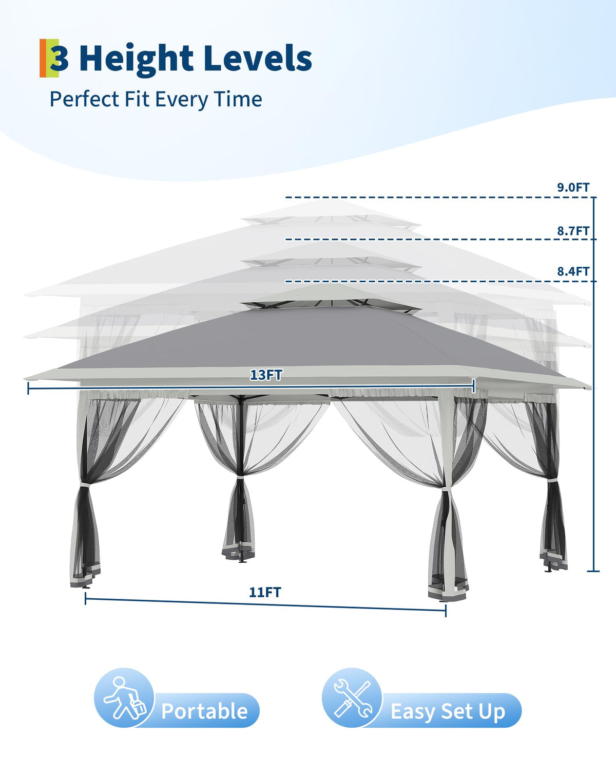 13x13FT Pop Up Gazebo with Mosquito Netting, Grey A858