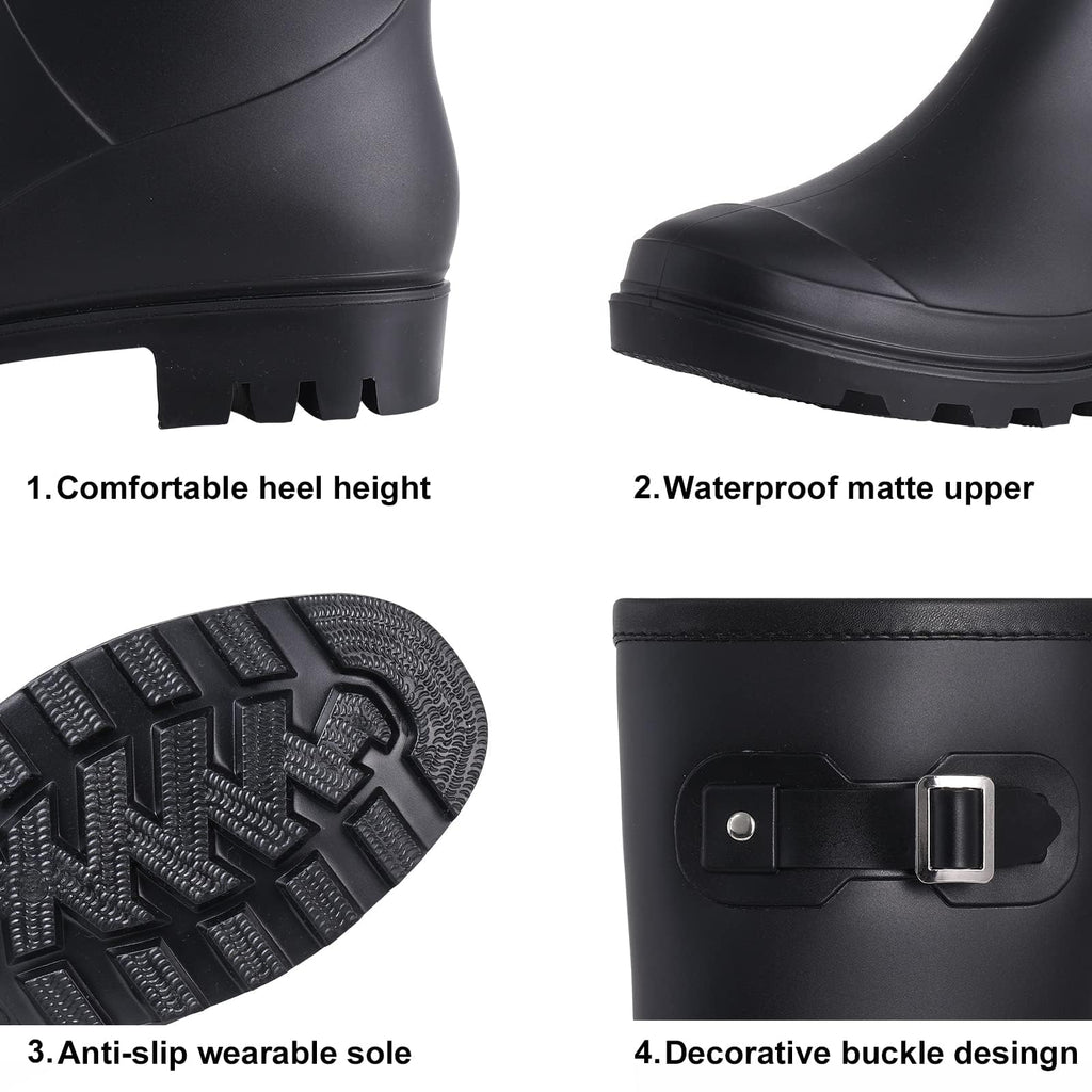 Mid Calf Waterproof Rain Boots with Buckle O9115