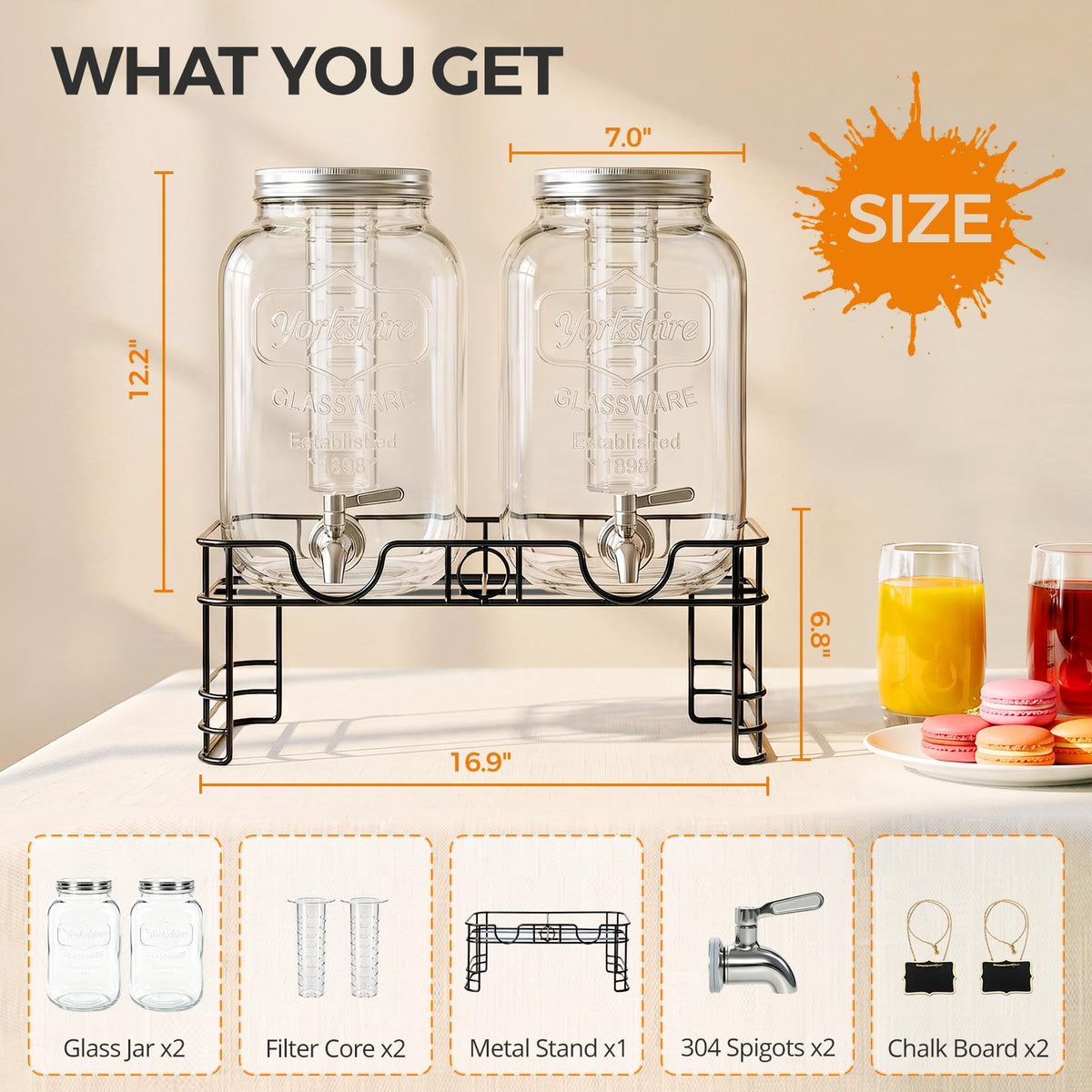 2 Gallon Glass Drink Dispensers, 2 Pack D686653