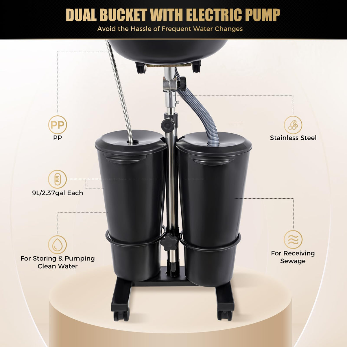Portable Shampoo Bowl with Dual Buckets, Adjustable Height, Electric Pump, Foot Pedal Control, Black K159900
