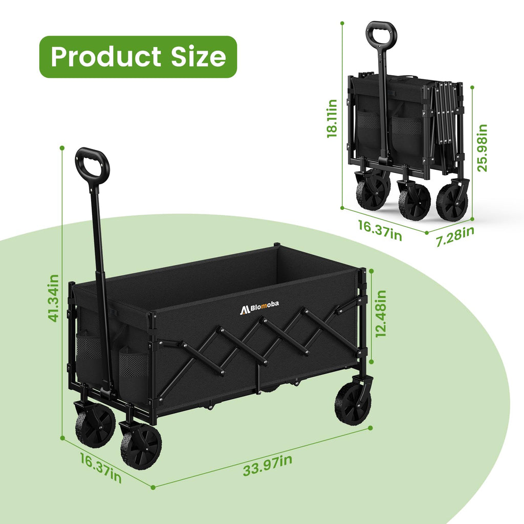 35" Extra Long Folding Wagon with Adjustable Handle & Wheels, Black L383